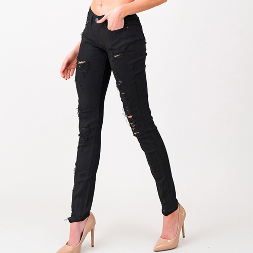 NWT  Black Denim Mid Rise Distressed Jean - Picture 2 of 7